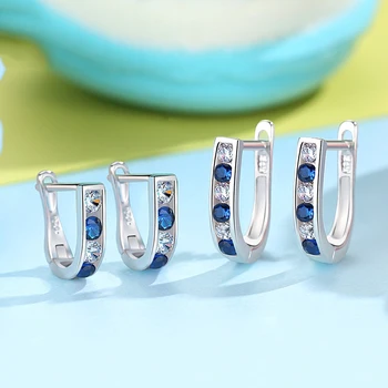 2019 Módní Šperky Modrý Kulatý Kámen Crystal Hoop Náušnice 925 Sterling Silver Náušnice Pro Dívky, Dítě, Rodina, Párty, Dárek