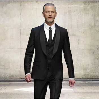 2020 Nové Černé Ženich Smokingy Vynikající Družba Formální Obleky Na Ples Muži Obleky Tři Kusy Obleky (Sako+Kalhoty+Vesta)
