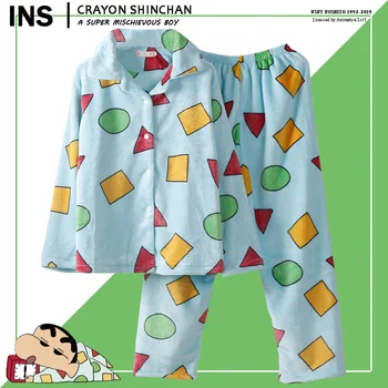 Anime Crayon Shin Chan Pyžamo Coral Fleece Kreslený Roztomilý Student Ženy Muži Pyžama Sady Dům Kabát Spát Lounge Opotřebení