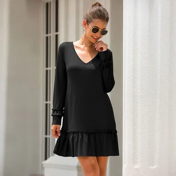 Černé Mini Šaty Ženy A-Line Vysoký Pasu V Krku Prohrábnout Šaty Ležérní Sladké Šaty 2020 Podzim Zima Elegantní Vestidos