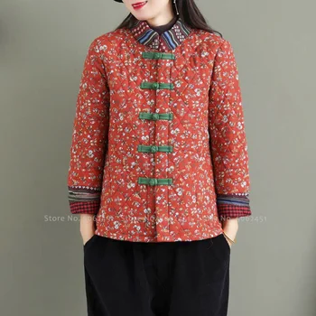 Ženy Retro Čínský Styl Kabát Tradiční Orientální Oblečení Tisku Módní Qipao Topy Elegantní Hanfu Zimní Tang Oblek Bundy