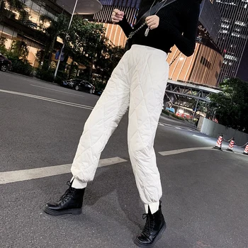 2020 Korean Bavlna Dolů Kalhoty, Zimní Kalhoty, Ženy Streetwear Bílé Umělé Dolů Tlusté Teplé Kalhoty, Kalhoty, Ženy, Japonské Horké