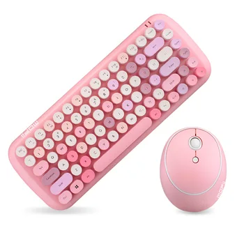Roztomilé Růžové 2.4 G Bezdrátová Myš Office Bezdrátová Klávesnice a Myš Set Round Key Cap Girly Pink Keyboard Mini Herní Myš
