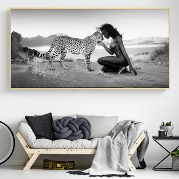 Černá Bílá Přírodní Krajiny Malířské Plátno Snow Leopard a Nahé Ženy, Plakáty a Tisků, Nástěnné obrázky pro Obývací Pokoj Dekor
