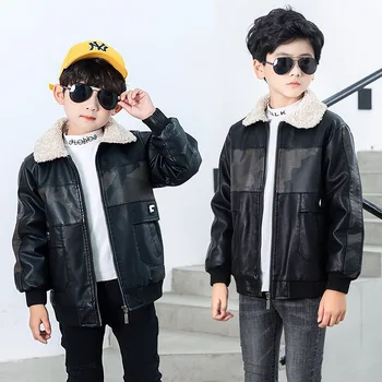 Chlapci Kožená Bunda Podzim Zima Děti Korean Umělé Kůže Na Zip, Kabáty Děti Plus Sametové Teplý Svetr