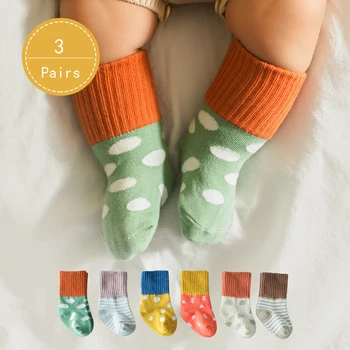 Warmom 3Pairs Dítě Chlapci Dívky Čisté Bavlněné Ponožky Dětské Pruhované Vlna Bod Měkké Ponožky Kojenecké Teplé Ponožky Podzim Zimní Pro 0-3 Roky