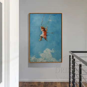 Levné Ceny Ručně malované Kvalitní Zeď Dekor Kid Swing olejomalba Krásné Barvy, Dítě Houpačka v Modré Obloze olejomalba