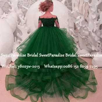 Luxusní Zelené Krajky Květinové Dívky Šaty 2020 Čirá Dlouhé Rukávy, Nášivky Korálky Stupňovitý Plesové Šaty Průvodu Šaty Na Ples Vestidos