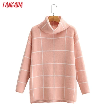 Tangada korea elegantní ženy růžové kostkovaný vzor rolák svetr vintage dámské volné pletený svetr topy SY153