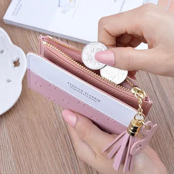Nové malé peněženky dámské krátký zip peněženka Student korejského reliéfní barevný kontrast střapcem univerzální tašku