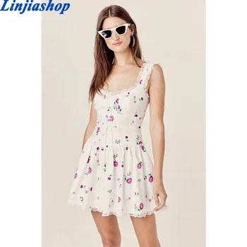 Letní šaty ženy sweet lace trim květinové tisk mini šaty sexy s hlubokým výstřihem bez rukávů A-line party šaty krátké vestidos