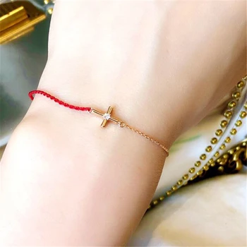 Aazuo 18K Růžové Zlato Au750 Skutečný Diamant 0.02 ct IJ Si1 Krásné Mini Cross Red Line Blacelet Pro Ženy Zásnubní Svatební Skutečné Zlato