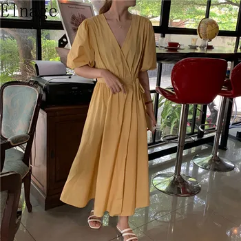 Korean Vintage V Krku Šaty Puff Sleeve Krátký Rukáv Loose Elegantní Žluté Šaty Midi Letní Šaty Ženy Bílé Vestidos