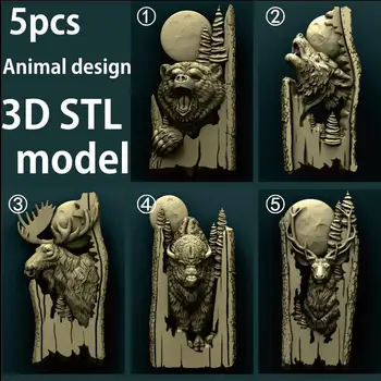 5kusů Lesní zvířata 3d STL Modelu Reliéfu pro CNC Router Aspire Artcam _ Vlk _ Nesou _ Bison _ Jelena