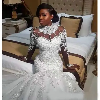 Luxusní Africké Bílé Mořská Víla Svatební Šaty Arabština Plus Velikost Krajkové Svatební Šaty Perly Dlouhý Rukáv Svatební Šaty Robe De Mariee