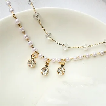 Nový Korejský Simulované Pearl Náhrdelník Náhrdelník, Bling Crystal Double Layer Řetěz Klíční Kost Prohlášení Přívěsek Šperky Pro Dívky