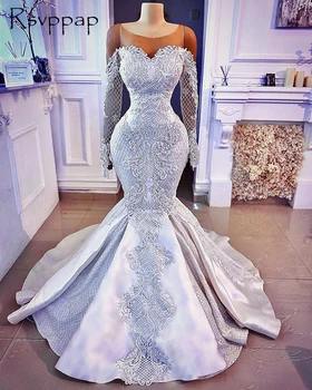 Dlouhý Rukáv Elegantní Africké Ženy Nevěsta Svatební Šaty Sexy Trumpet Mermaid Krajkové Saténové Luxusní Bílé Svatební Šaty Roku 2020