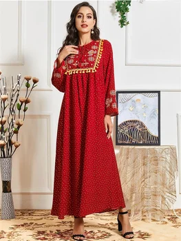 Siskakia Morálku Dot Tisk Výšivka Maxi Šaty Ženy Červené O Krk Dlouhý Rukáv Střapec Panelu Elegantní Turecko Arabské Muslimské Oblečení