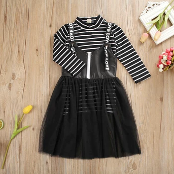Cool Dívka Šaty Baby Girl Oblečení Pruhované tričko+Popruh Tylu Šaty Oblečení Podzimní Oblečení Sada 2KS 2-7T
