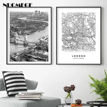 Londýn Mapa Tisk plakátů a Město v Černé, Bílé Plátno Umění Nástěnné Malby Umění Spojené Království Plakát Dekorativní Obrázky pro Obývací Pokoj