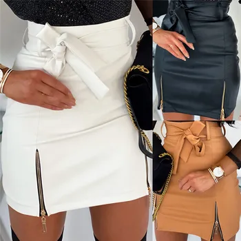 OL Formální Ženy PU Kožené Tužka Bodycon Sukně 2020 Módní Pevné Femme Lady Obvaz Zip Slim Vysokým Pasem Mini Sukně Šaty