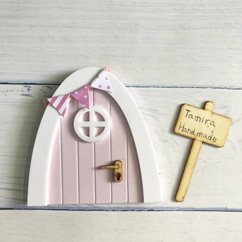 Mini Arch Ručně Vyrobené Roztomilé růžové Pohádky dveře Myší díry, miniaturní dřevěné dveře s prapory a osobní znamení post