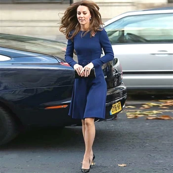 Kate Middleton Šaty Pás Dlouhý Rukáv Slim Temperament Modrá Banket, Elegantní Šaty 2020 Podzim Nové Ženy, Vysoce Kvalitní Značkové
