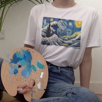 [Ukijoe] Vincent Van Gogh Tisk Tričko Harajuku Estetické Šaty Ženy Krátký Rukáv Tee Art Top Vintage Japonský Styl Streetwear