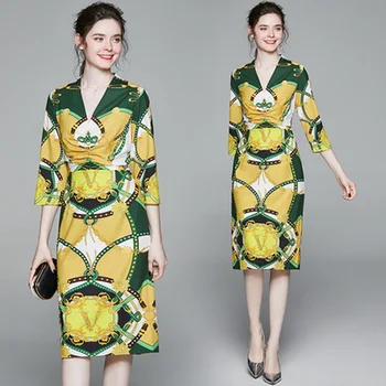 Ženy Letní Designer Dráhy Vintage Šaty Volné Plus Velikost V-neck Sedm Minut Rukávem Elegantní Midi Šaty Vestidos