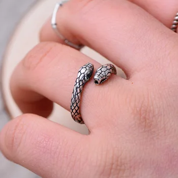 925 Sterling Silver Vintage Dvojité Hadí Hlavy Thajské Stříbrné Dámské Prsteny Šperky Unisex Otevřít Nastavitelná Velikost Prstenu Muž