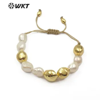 WT-B454 Přírodní sladkovodní Perlový Náramek Bílé Perly S Zlaté Namočený Jeden Ručně vyráběné Korálky Náramek Elegantní Perlové Šperky