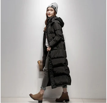 2020 dámská zimní kachna dolů kabát ultra délka kotník dlouhé maxi ženy puffer bundy oblečení s kapucí, klobouk, černá, plus velikost xxl