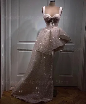 Blingbling Party Šaty Nabíranou Módní Záhybů Popruhy Dubaj Arabské Bílé Formální Šaty Perly Sexy Přední Korzet Ples Šaty