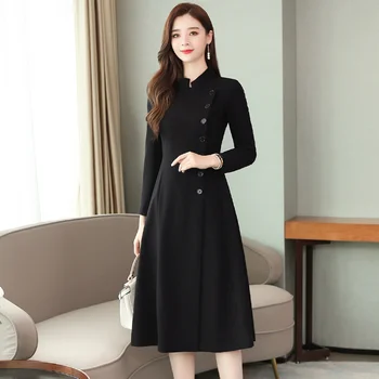 2020 Vintage Černá Office Lady Midi Šaty Podzim Zima Plus Velikosti Solidní Dlouhý Rukáv Šaty Elegantní Ženy Bodycon Party Vestidos