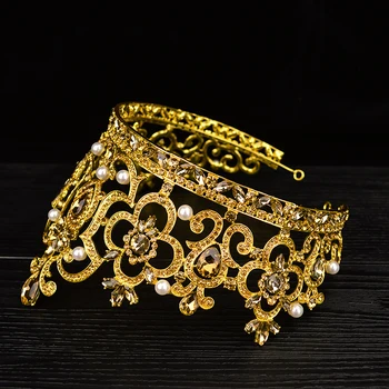 Nový Ročník Zlaté Barvy Luxusní Drahokamu Velký Tiara Nevěsta Svatební Královna Ležák Royal Crown Čelenky Vlasy, Šperky, Vlasové Doplňky