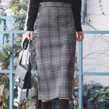 Výška Pasu kostkované Vlněné Midi Sukně New podzim zima Ženy Vintage Módní a-line sukně