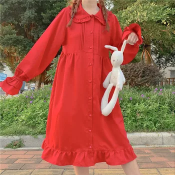 Japonský Lolita Sweet Girl Barva Bílá Červená panenka límec dlouhý rukáv nabíranou lolita mid-délka šatů loli, protože tea party Podzimu