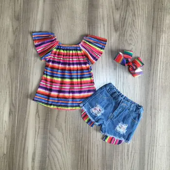 Dítě dívky oblečení dívčí letní oblečení dívka multicolor stripe tričko, džíny, šortky dětské oblečení s lukem
