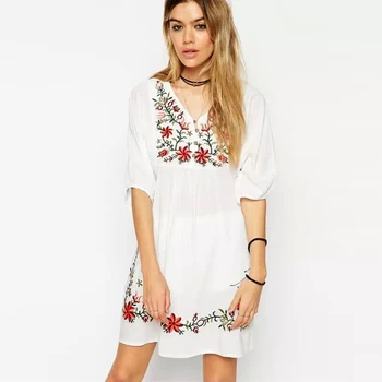 TEELYNN mini Boho šaty pro ženy bílé květinové Výšivky, bavlněné šaty Ležérní volné-line šaty Hippie šaty vestido Cikán