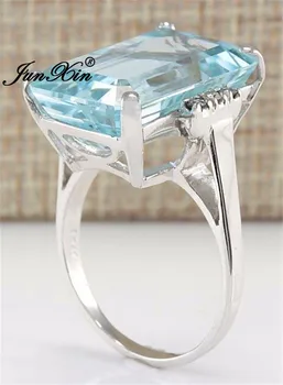 JUNXIN Luxusní Šperky Big Stone Čtvercové Jasné Modré Zirkony Prsteny Pro Ženy, Muže, Stříbrná Barva. Března Kámen Zásnubní Prsten