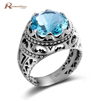 Originální Stříbrný Prsten Pro Muže Retro Real 925 Sterling Silver Blue Topaz Prstýnky Pro Ženy, Unisex Velké Drahokamy Kulaté Jemné Šperky