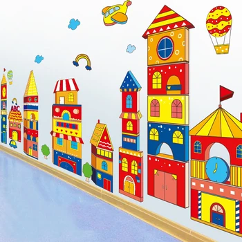 Barva Hrad Karikatura Samolepka na Zeď pro dětský Pokoj Obývací Pokoj Školky Dítě v dětském pokoji Barevné Budovy Vodotěsné Zeď Obtisk Dekor