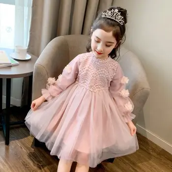 2021 Podzimní Zimní Dětské Oblečení Dívka Princezna Jaro Party Šaty Ležérní Dlouhý Rukáv Krajkové Šaty Teplé Dívčí Šaty