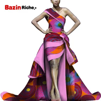 Dashiki Africké Šaty pro Ženy Bazin Riche Dlouhé Strana Večerní Podlahy-délka Šaty na Jedno Rameno Ženy Africké Oblečení WY5393