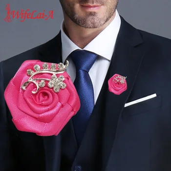 5 kusu/lot Růže Červené Saténové Květiny Živůtek Svatební Ples, Slavnostní Květina Brož Crystal Svatební Ženich Bttonhole Boutonniere XH0038