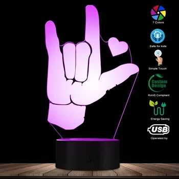 Miluji Tě ASL Americká znaková řeč 3D Optické iluze Světlo Moderní USB Noční Lampa Zářící LED Světlo Domova Stolní Lampa