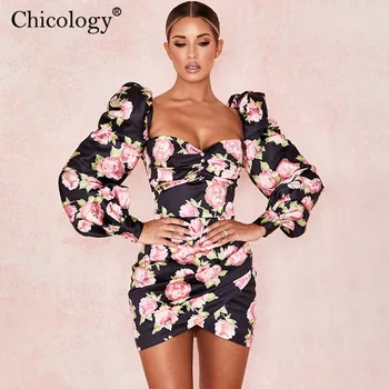 Chicology květinové tisk lady mini šaty puff dlouhý rukáv bodycon ženy 2019 podzim zima elegantní, strana, kancelář, ležérní oblečení