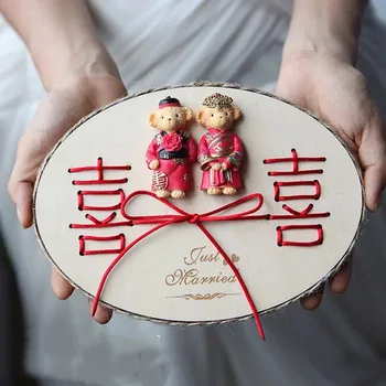 Dřevěné Zasnoubení manželství party foto rekvizity rustikální vlastní svatební dekorace Čínské dvojité Štěstí prsten polštář