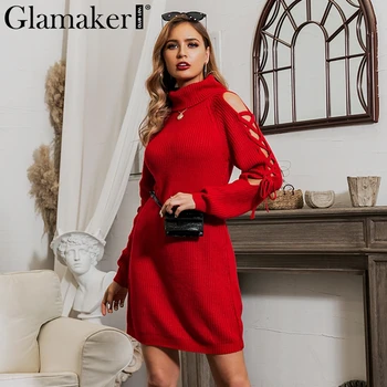 Glamaker Pletené krajky sexy svetr šaty Ženy podzim elegantní krátké mini šaty Zimní vysoká krk dlouhý rukáv červené šaty dámské