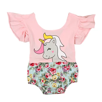 Dítě Dítě Novorozené Dívky s hlubokým Výstřihem Unicorn Krátké Volánky Rukáv Růžová Romper kombinézu Kombinéza Oblečení Sunsuit Set 6-24M Nové